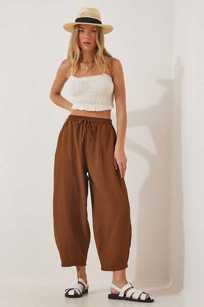 Happiness İstanbul Women's Tan Pocketed Linen Viscose Shalwar Trousers CV00001