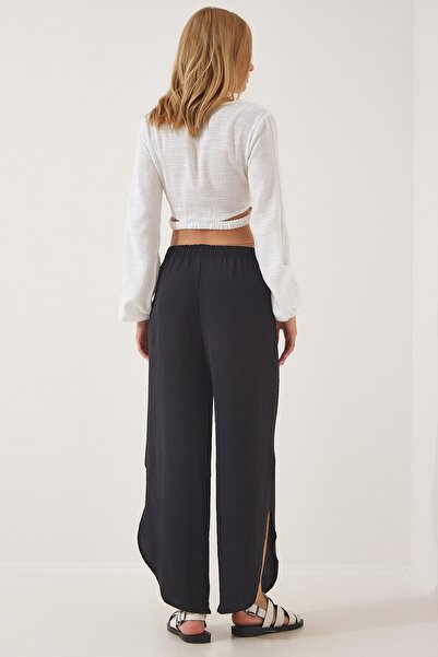 Happiness İstanbul Kadın Siyah Yandan Yırtmaçlı Ayrobin Şalvar Pantolon DE00001