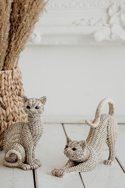 Gift Garden Sevimli Kediler Dekoratif Biblo Figür Hasır Desenli Beyaz