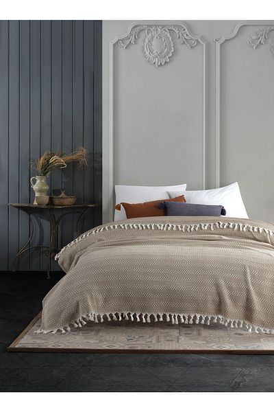 Lux Touch غطاء لحاف مزدوج من أزور الخردل مقاس 200 × 230 سم غطاء أريكة كرسي بذراعين للسرير شرابات منسوجة من القطن