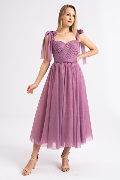 Lenta Moda Simli Midi Boy Gül Kurusu Abiye Ve Balo Elbisesi