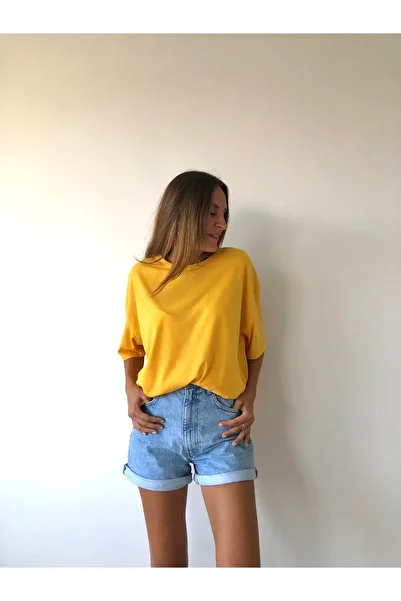 JAKARLI Unisex Yellow Cotton Crew Neck Boyfriend Knitted Oversize T-shirt