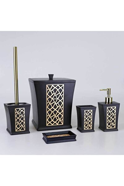 By Selim Siyah Altın Mirage Polyester Banyo Seti 5 Parça