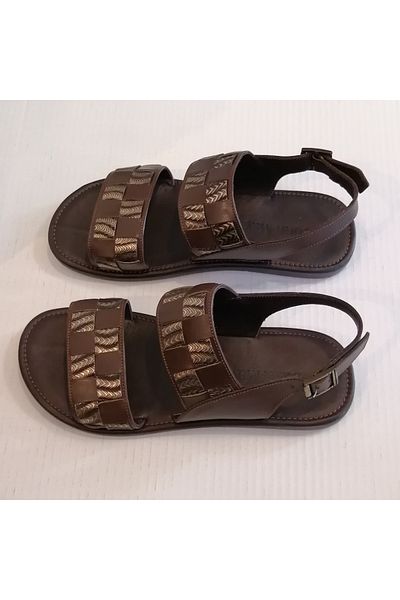 John May Unisex Genuine Leather Brown Bronze Print Combination Knitted Double-Strapped Buckle Rubber Sole Sandals