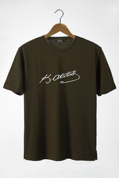 viptasarımtshirt Men's Khaki Crew Neck Oversize Cotton T-shirt with Ataturk Signature Printed on the Front