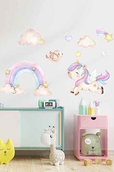 Sim Tasarım Pastel Unicorn - Gökkuşağı Kuşlar Ve Kalpler Duvar Sticker Seti - Sim756