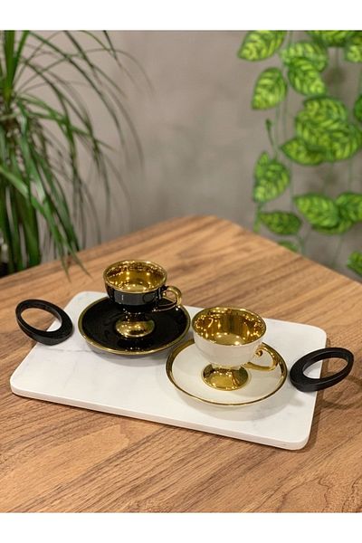 Gemboss Natural Marble Tray with Black Handle 30x20 Cm