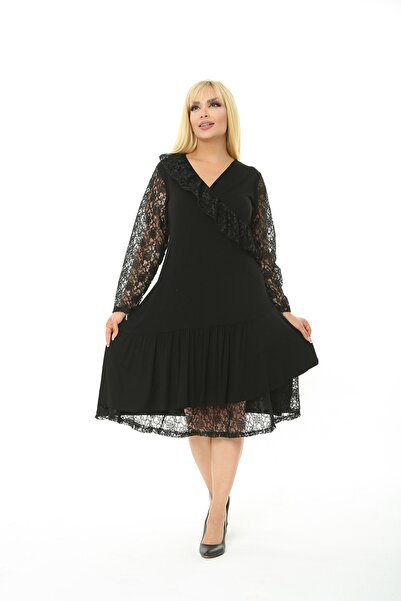 XL Modam Rochie de damă, mărime mare, cu mâneci negre, din guipură, material ...
