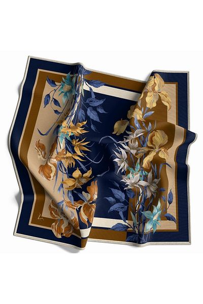 19V69 ITALIA Floral Pattern Gold Series Twill Scarf with Hanger and Gift Set 90x90 Cm