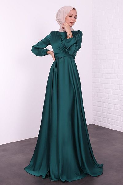 Lamia Giyim Cross Belted Hijab Evening Dress Emerald