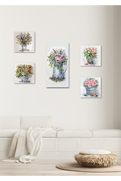 NT Handmade 5 Parça Bahar Çiçekleri Ahşap Duvar Dekoru Salon Oturma Yatak Oda...