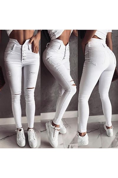 rengamoda Women's White Skinny Fit High Waist Multi Button and Ripped Detail Jeans