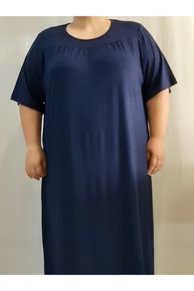 Mertcan Butik Μπλε βισκόζη χτενισμένο φόρεμα - Κομμένο από την ρόμπα και συσπειρωμένο