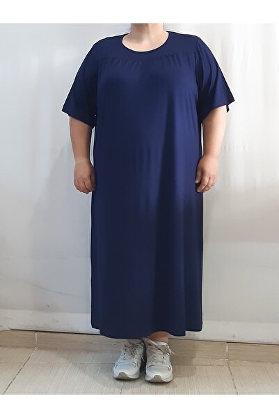 Mertcan Butik Önü Arkası Robadan Kesikli Büzgülü Lacivert Penye Viskon Elbise