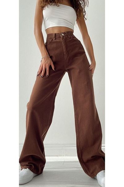 Trn JNS Καφέ Lycra Super High Waist Loose Jeans Palazzo Παντελόνι. (super High) Φαρδύ πόδι