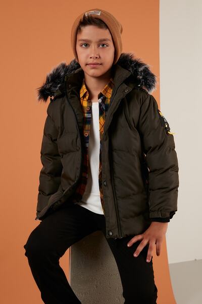 Lela Zippered Faux Fur Plush Lined Removable Hooded Coat Boys' Coat 5760026