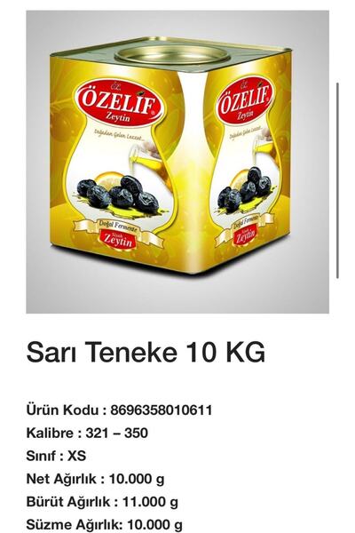 ÖZELİF Sarı Teneke 10 Kg Yağlı Sele Zeytin