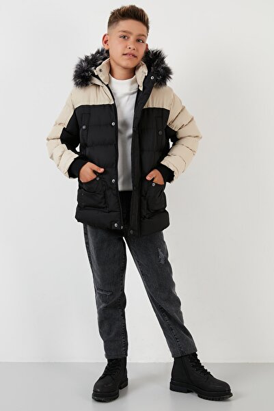 Lela Detachable Faux Feather Hooded Puffer Coat with Plush Lining Inside Boy's Coat 5760054
