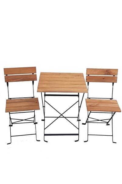 TUVALHOME Bistro Model Ahşap Siyah Metal Ayaklı Bahçe Balkon Masa Sandalye Se...