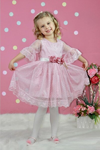 Sparrow Laurel Bayramlık Elbise,pembe Güpürlü, Dantelli, Prenses Model Kız Ço...