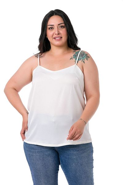 DISENTIS MODEST Plus Size Adjustable Thin Strap Satin White Blouse
