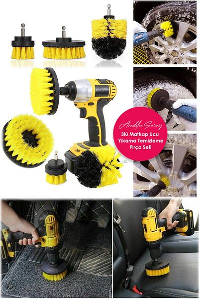 Anadolu Saray Çarşısı Practical 3-Piece Drill Bit Bathroom Tub Shower Cabin Car Wheel Seat Washing Cleaning Brush Set