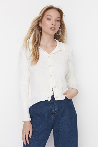Trendyol Collection Πλεκτή Ζακέτα με γιακά Ecru Polo TWOAW23HI00143