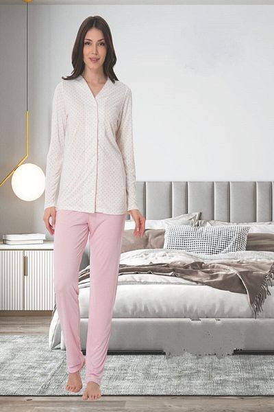 Lohussa Women's Powder Long Sleeve Large Size Buttoned Front Cotton Maternity Pajamas Set