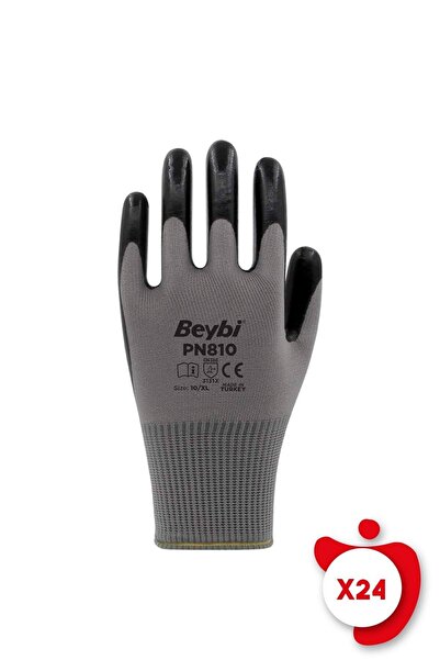 Beybi Pn810 Gray Polyester Knitted Nitrile Work Gloves Size 10 24 Pairs