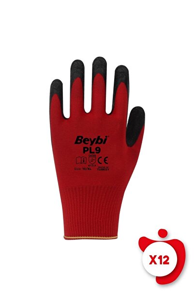 Beybi قفازات عمل من اللاتكس المحبوك من البوليستر الأحمر Pl9 مقاس 10، 12 زوجًا