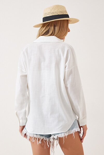 Happiness İstanbul Női fehér hímzésű részletes, nagyméretű lenvászon ing DE00004