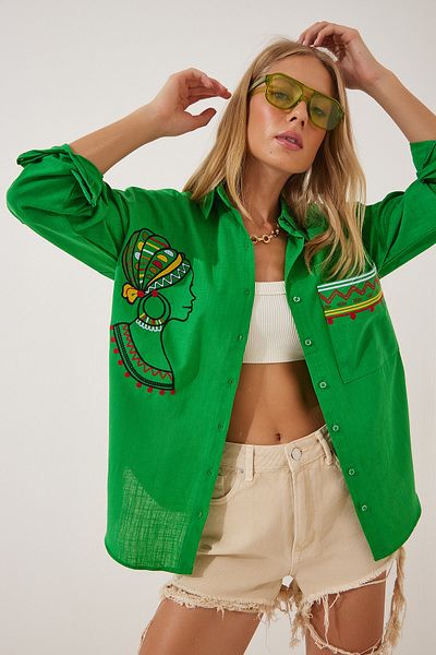 Happiness İstanbul Women's Green Embroidery Detailed Oversize Linen Shirt DE00004