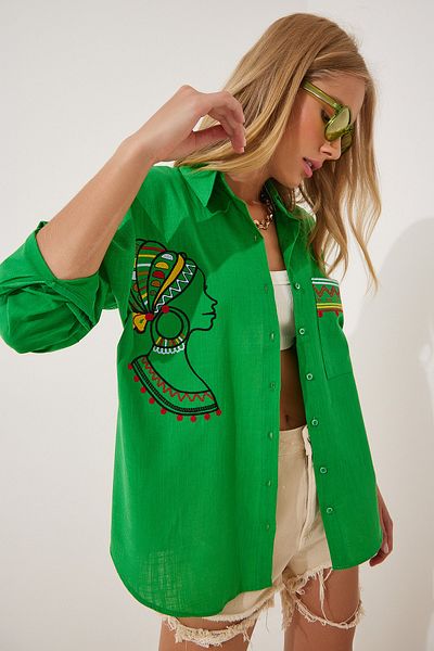 Happiness İstanbul Women's Green Embroidery Detailed Oversize Linen Shirt DE00004