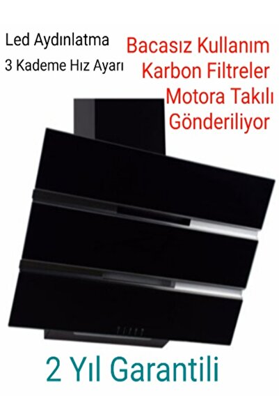 Alveus Bacasız Borusuz Siyah 3 Dilimli Cam Davlumbaz 2 Adet Karbon Filtre Dah...