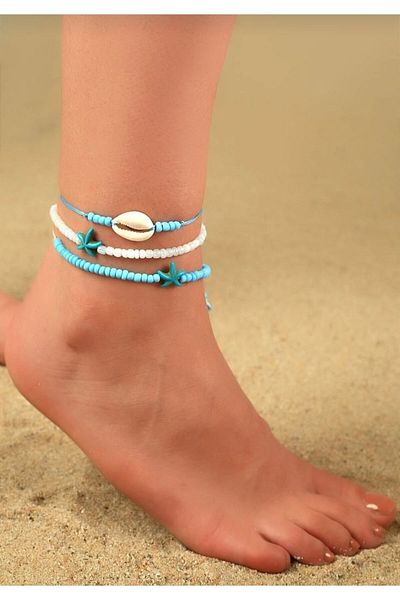 Atolye Ferda Blue And White 3-Piece Anklet Set