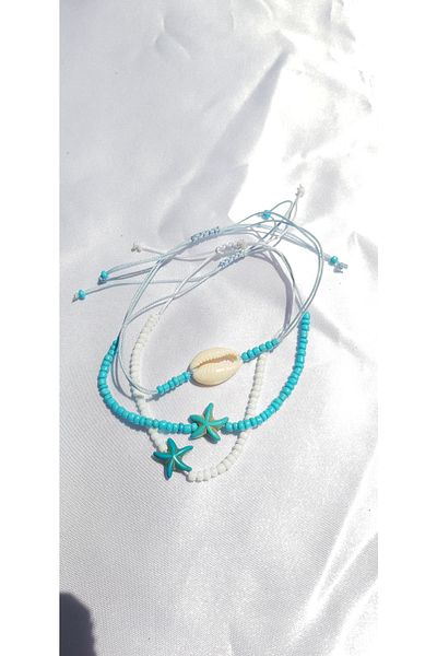 Atolye Ferda Blue And White 3-Piece Anklet Set