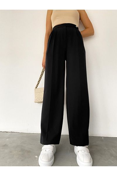 diaves Pantaloni negri cu pliuri din material țesut Palazzo