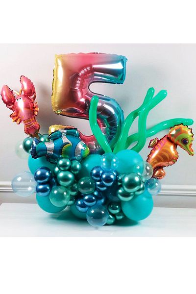 PARTİAVM Sea Creatures Themed Balloon Bouquet Colorful Number Balloon Rainbow Number Full Set (Video Explanation)