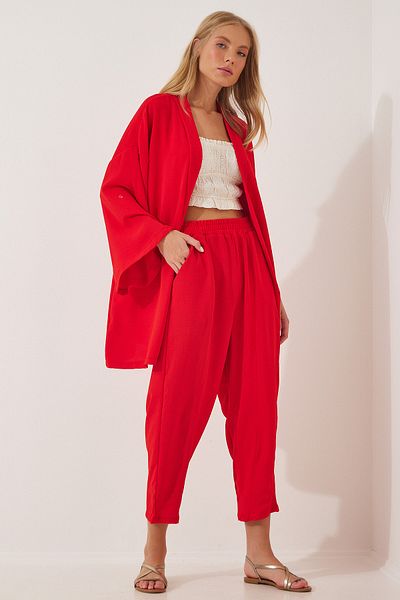 Happiness İstanbul Rotes Kimono-Hosen-Set für Damen DZ00046