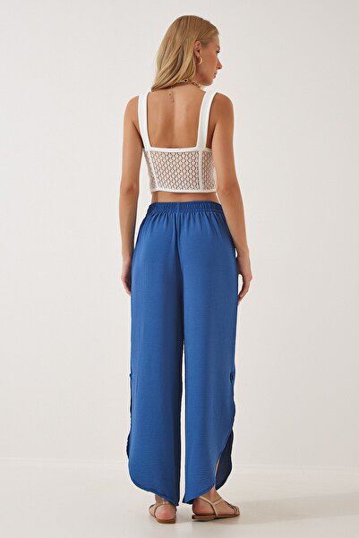 Happiness İstanbul Дамски индигови сини панталони Ayrobin Shalwar със странична цепка DE00001