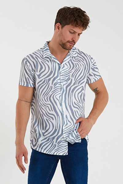 BUCADO Erkek Gri Kısa Kollu Pamuklu Zebra Desenli Slim Fit Apaş Yaka Gömlek