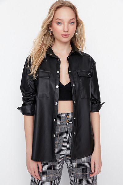 Trendyol Collection Black Double Pocket Woven Faux Leather Shirt TWOAW23GO00031