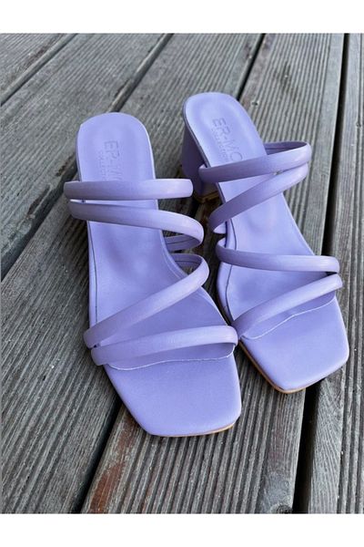 Afilli Women's Lilac Thick Short Heeled Open Front and Back Thin Single Strap Summer Daily Slippers Sandals