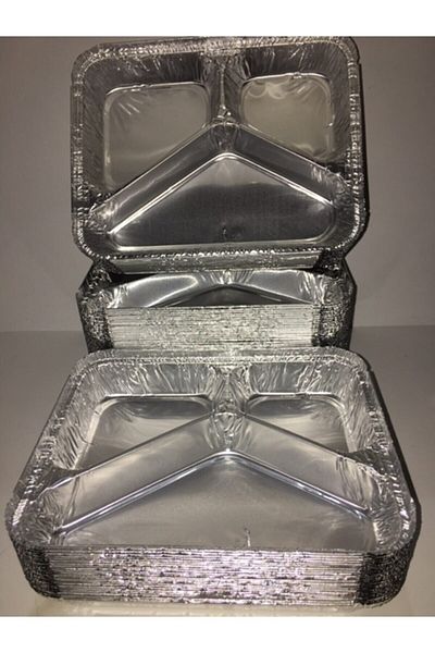 KURTSAN AMBALAJ 100 Pieces Aluminum 3 Compartment Plates with Lid