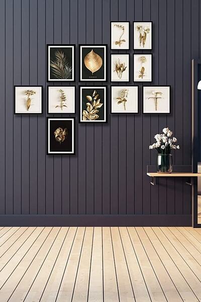 NT Handmade 12 Parça Ahşap Tablo Seti - Gold Yapraklar Salon Oturma Yatak Oda...