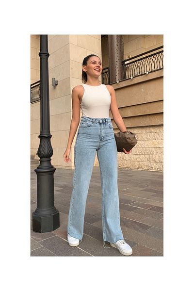 Livik Papel Snow Wash Blugi albastri cu talie inalta cu picioare late din denim