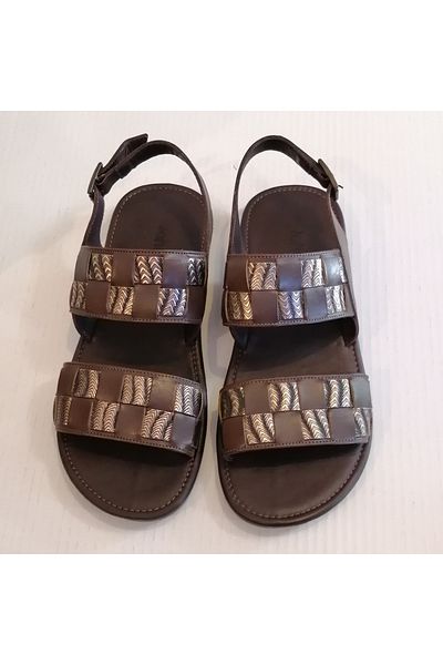 John May Unisex Genuine Leather Brown Bronze Print Combination Knitted Double-Strapped Buckle Rubber Sole Sandals