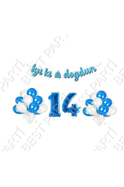 BEST PARTİ DOĞUM GÜNÜ PARTİ SÜSLERİ لافتة مكتوبة لعيد ميلاد سعيد بعمر 14 عامًا، مجموعة بالونات زرقاء لعيد الميلاد