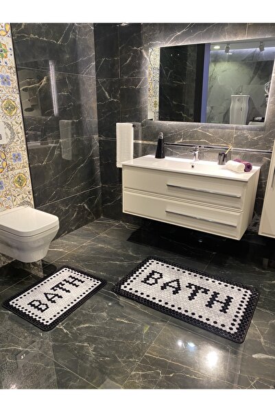 Brillant Black Bath Yazılı Desenli 2'li Kaymaz Taban Su Geçirmez Banyo Paspas...