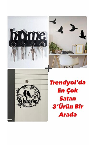 softclass Home Anahtarlık + Kuşlu Kapı Süsü+ Modern Dört Kuş
